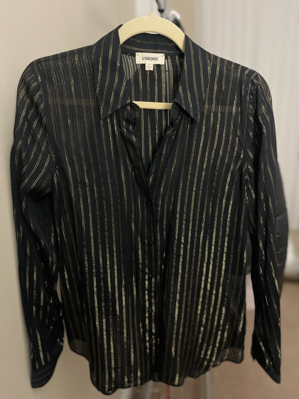 L'AGENCE- Sheer Metallic Stripe Shirt Black/Gold